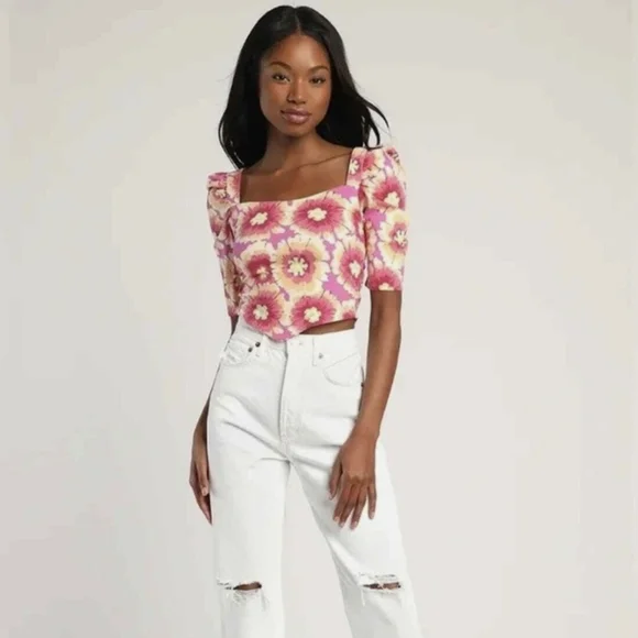 NWT Free People Floral Square-Neck Puff Sleeve Top in Pink - Picture 5 of 5
